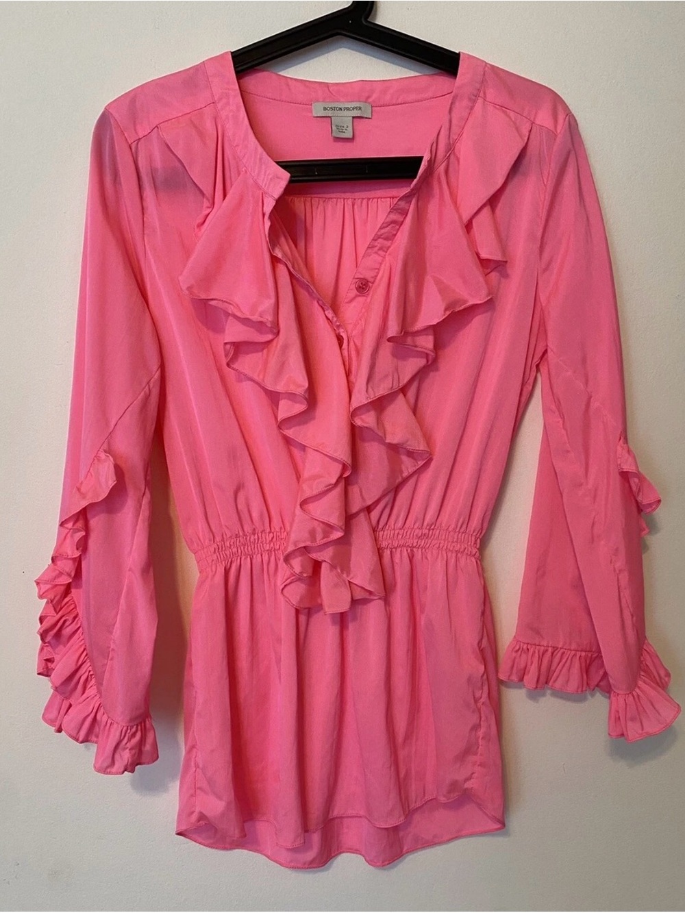Boston Proper Bright Pink Ruffle V-Neck Blouse
